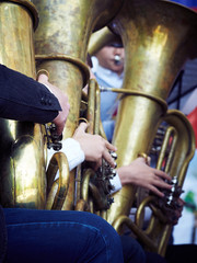 A brass band stands in the Park.