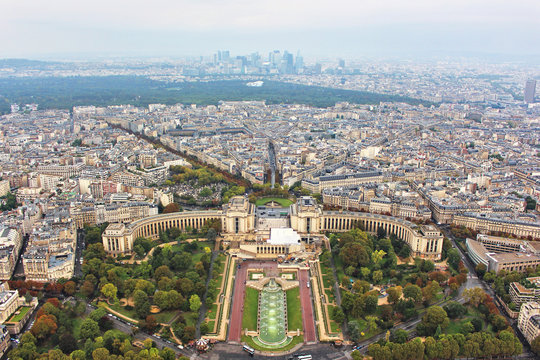 Panoramic view on paris city, trocadero square, from the top of eiffel tower, france