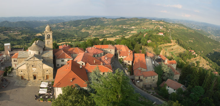 Aerial view of Roccaverano and Langhe country  landscape in background