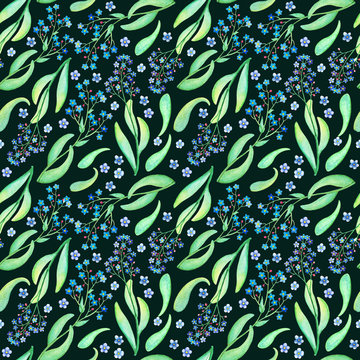 Blue flower seamless pattern. Watercolor painting. Floral illustration