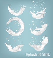 Splash of milk on transparent background. Vector set