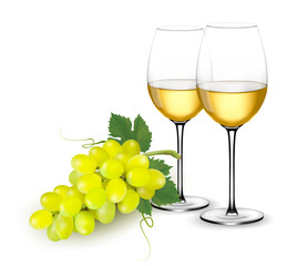 White wine glasses and grapes. Vector