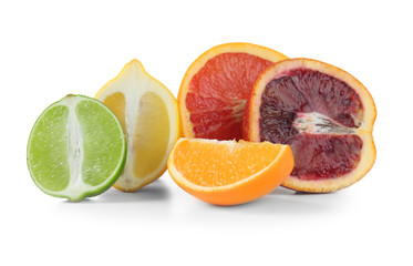 Fototapeta na wymiar Juicy citrus fruits on white background