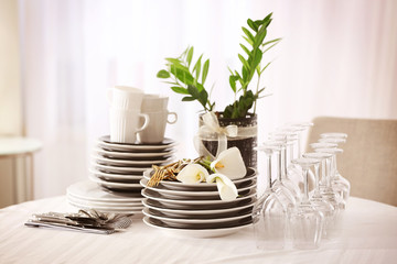 Fototapeta na wymiar Set of dishware on table in restaurant