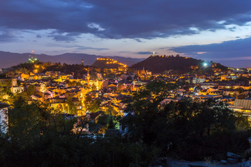 PLOVDIV, BULGARIA - SEPTEMBER 2 2016:  Sunset view of city of Plovdiv from Nebet tepe hill, Bulgaria