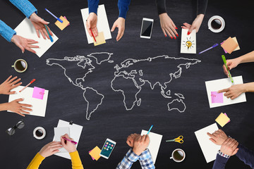 Business people meeting with World map on table - obrazy, fototapety, plakaty