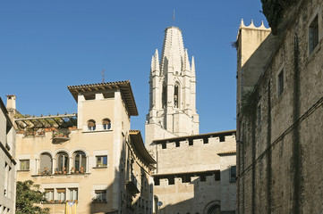Old town of Girona in sunset light