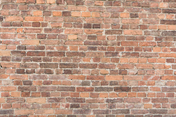 Texture ancient brick wall, horizontal arrangement of old brickwork, abstract background