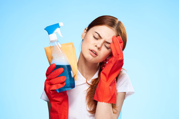 woman with headache, gloves, chemistry, poisoning