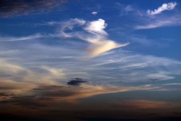 Wispy clouds against a blue sky background