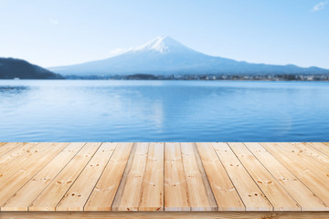Wood plank in front of blurred background. Perspective Japan mountain Fuji view can be used for...