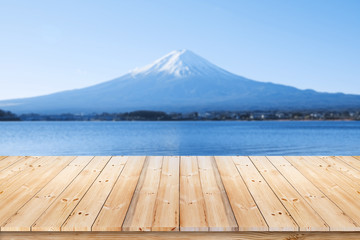 Wood plank in front of blurred background. Perspective Japan mountain Fuji view can be used for display or montage your Japanese products.