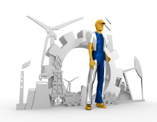 Young man wearing apron textured by Finland flag. Bearded worker at industrial isometric icons set. 3D rendering. Metallic material. Energy generation and heavy industry.