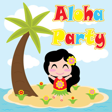 Cute girl is dancing on small island vector cartoon, summer postcard, wallpaper, and greeting card, T-shirt design for kids