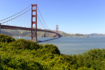 The Golden Gate Bridge, an engineering marvel of construction and architectural landmark which sees both automobile and pedestrian traffic in San Francisco, California, USA