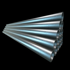 Stack of steel metal pipes. 3d render on black