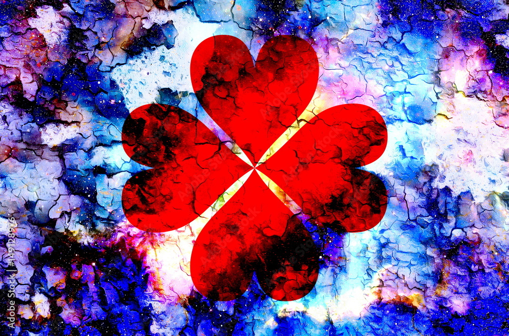Poster four-leaf clover from heart and color cosmic abstract background and crackle effect.