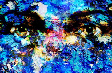 Jesus eye in cosmic space. computer collage version. Crackle effect.