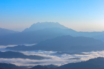 Morning Mist and Fog Moving Slowly From View Point in Sunrise Time at Doi Luang Chaing dao , High Mountain in Chiangmai , Thailand

