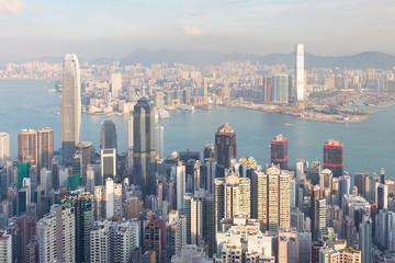 City of Hong Kong business area over Victoria Sea, cityscape background