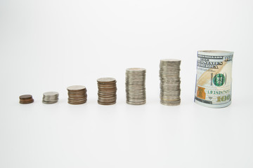 Stack of coins on white background, in order of level from low to high.