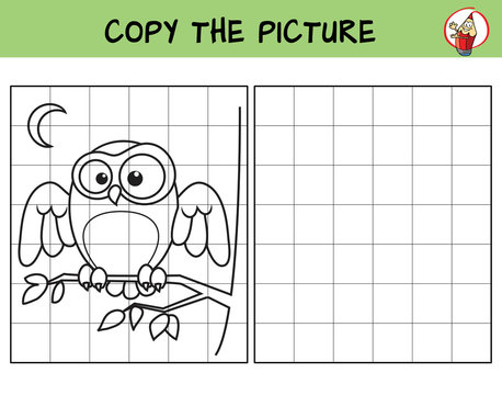 Owl sitting on the branch. Copy the picture. Coloring book. Educational game for children. Cartoon vector illustration