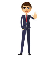 Angry business man showing stop gesture with hand sign stop concept