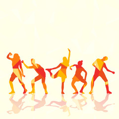  illustration of an isolated silhouette of a girl and guys dancing, colorful