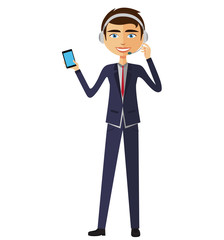 Call center man operator with phone icon avatar flat cartoon illustration.