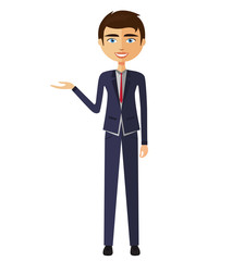 Businessman presents something flat cartoon illustration.