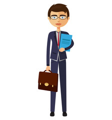 Banker with glasses and briefcase flat cartoon illustration.