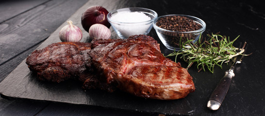 Barbecue Rib Eye Steak on Slate Slab - Dry Aged Wagyu Entrecote Steak