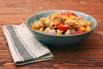 Chicken breast braised pear peppers and onions