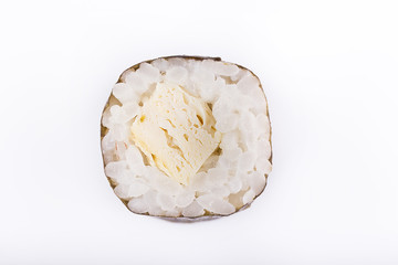 Traditional fresh Japanese sushi rolls on a white background. Roll with omelette