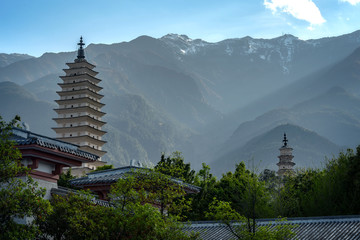 Three Pagodas of Chongsheng Temple, dating from the time of the Kingdom of Nanzhao and Kingdom of Dali in the 9th and 10th centuries. Located near the old town of Dali, Yunnan province, China