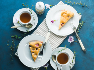 Strawberry pie from mixed flour. Spring summer still life. Sweet food festive treat. Flat lay