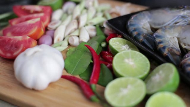 Many ingredient to cook Tom Yum Kung, The famous Thai style spicy soup.