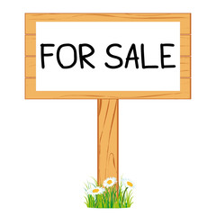 Wooden realistic display signboard standing on the grass or isolated. For sale. Real estate. Vector icon.