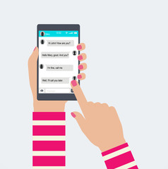 Hands holds mobile phone with messaging in app. Social network concept, communicating each with other.