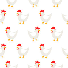 White hen rural seamless vector pattern.