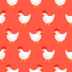 White rooster cute rural seamless vector pattern.