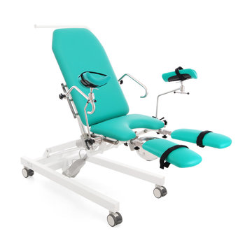 Gynecological Examination Chair Isolated On White Background. Gynaecology Table. Examination Table For Obstetrics And Gynecologist. Gynecological Chair. Medical Equipment