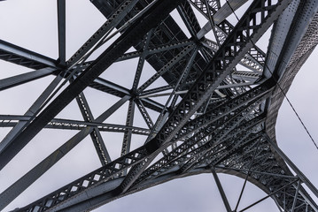 Close up on steel bridge of Dom Luis I between Vila Nova de Gaia and Porto cities, Portugal