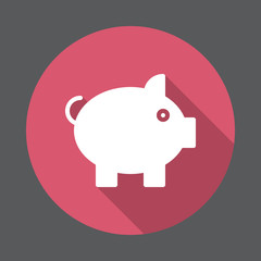 Pig, Piggy bank flat icon. Round colorful button, circular vector sign with long shadow effect. Flat style design