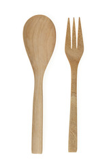 Wooden spoon and fork isolated on white background.