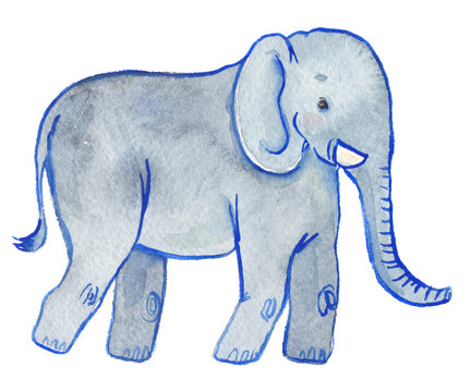 Cute walking elephant painted in watercolor on clean white background