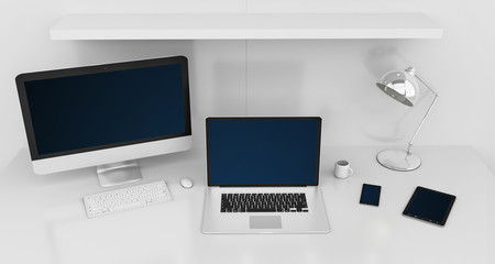 Modern white desk interior with computer and devices 3D rendering
