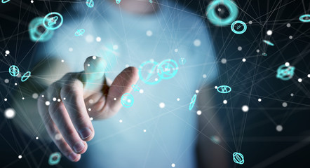 Businessman using flying network connection interface 3D rendering