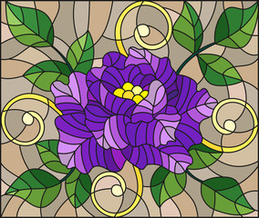 Illustration in stained glass style with abstract purple flower, buds and leaves of rose on a brown background