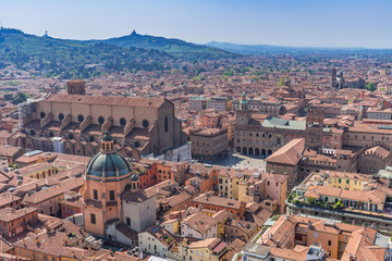 Bologna panorama from Asinelli tower, with San Petronio Cathedral, Maggiore Square and city hall, Italy